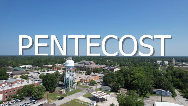Pentecost 2023 title over drone footage of Statesboro