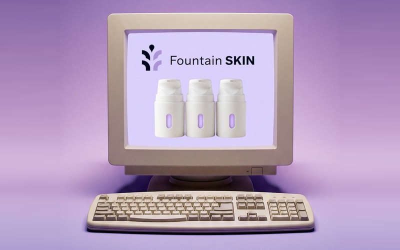Fountain SKIN ad frame: a retro computer showing the product line