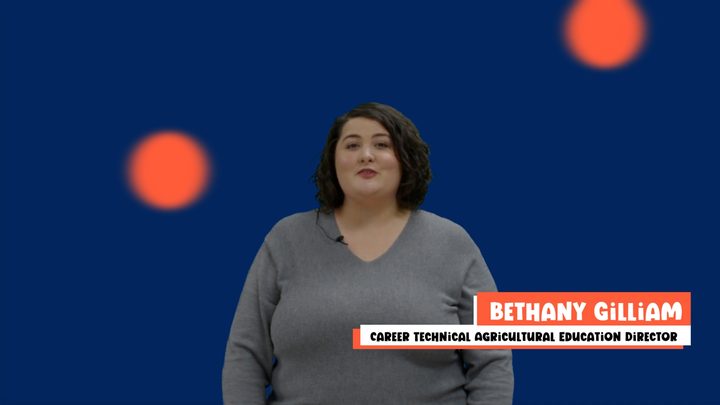 Bethany Gilliam, CTAE Director, on a navy set with a name lower third