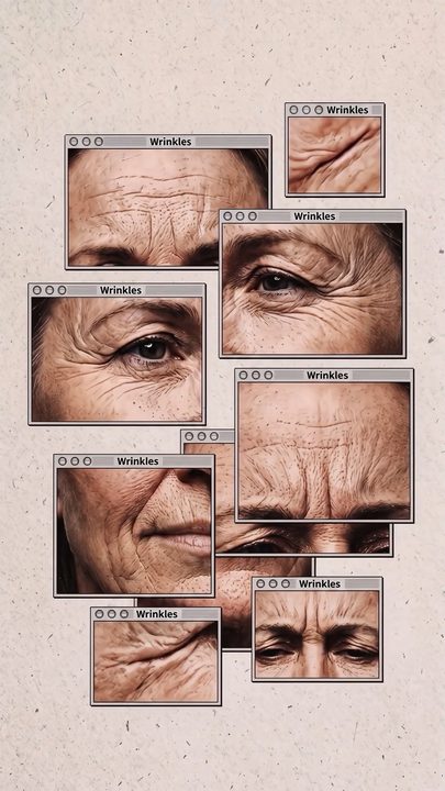 Fountain SKIN ad frame: wrinkle close-ups stacked like retro computer windows