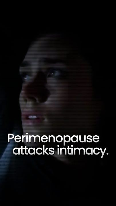 A woman lit in blue under 'Perimenopause attacks intimacy'