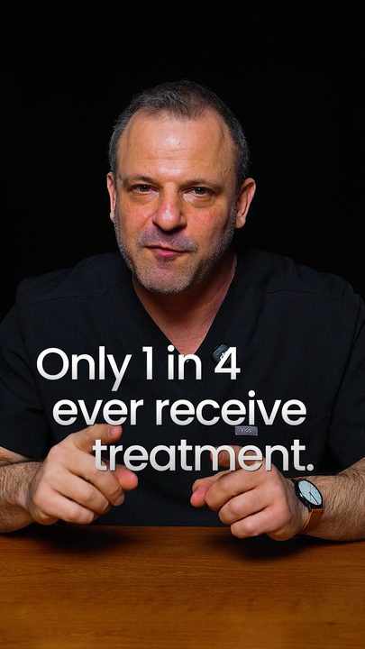 Fountain's CMO at a desk under 'Only 1 in 4 ever receive treatment'