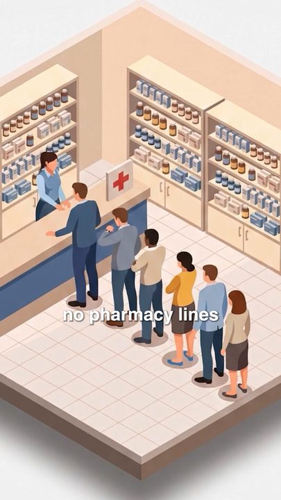 An isometric pharmacy with a long line of customers