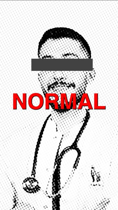 A halftone doctor portrait with a censor bar and a red 'NORMAL'