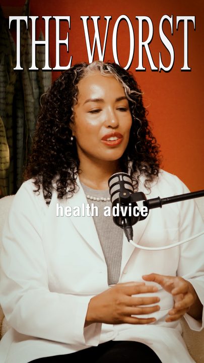 A women's health expert at a podcast mic under 'THE WORST'