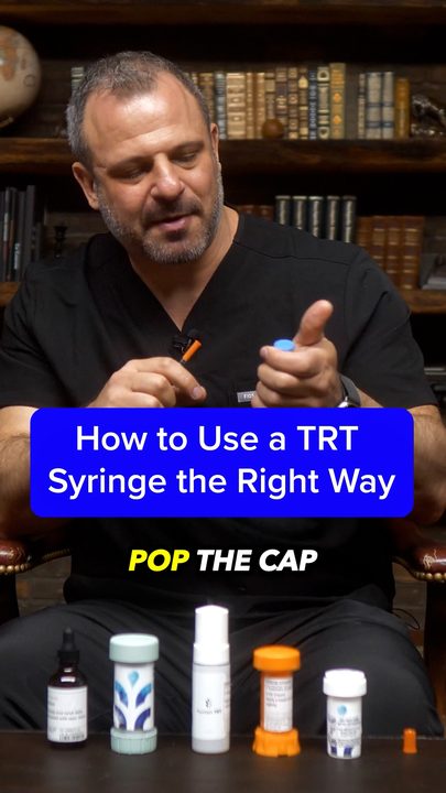 A doctor at a desk of supplies under a 'How to use a TRT syringe the right way' title