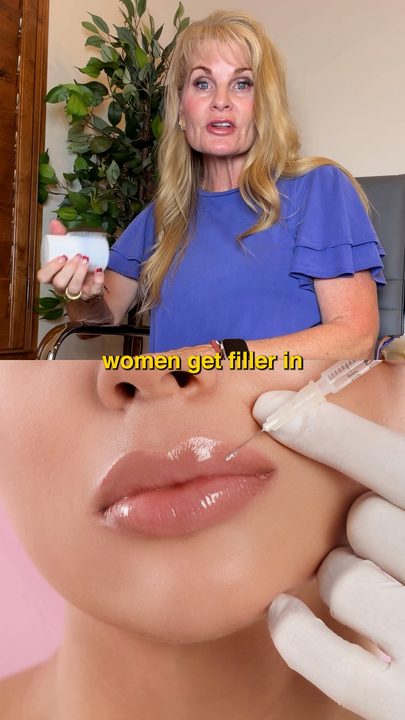 A creator talking to camera above a lip-filler close-up