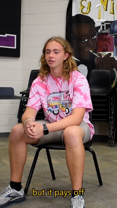 A student in a tie-dye shirt: 'but it pays off'