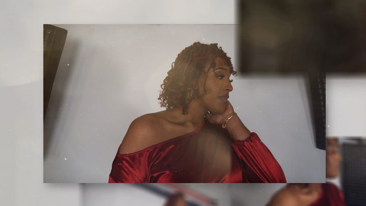 The red-dress look framed inside the collage